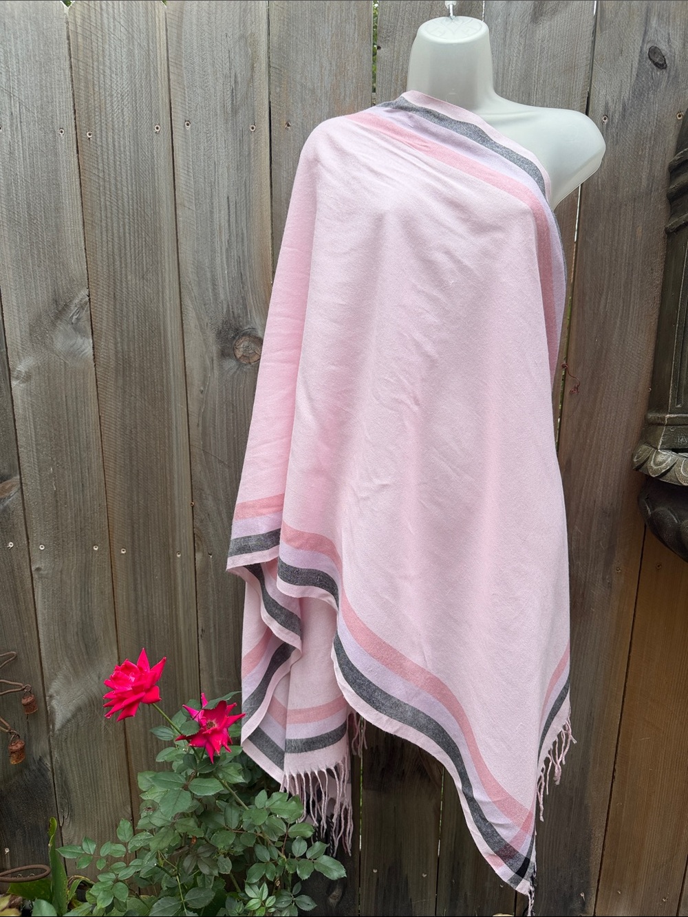 Pastel Pink & Gray Plaid Striped Fringed Wrap Scarf / Shawl